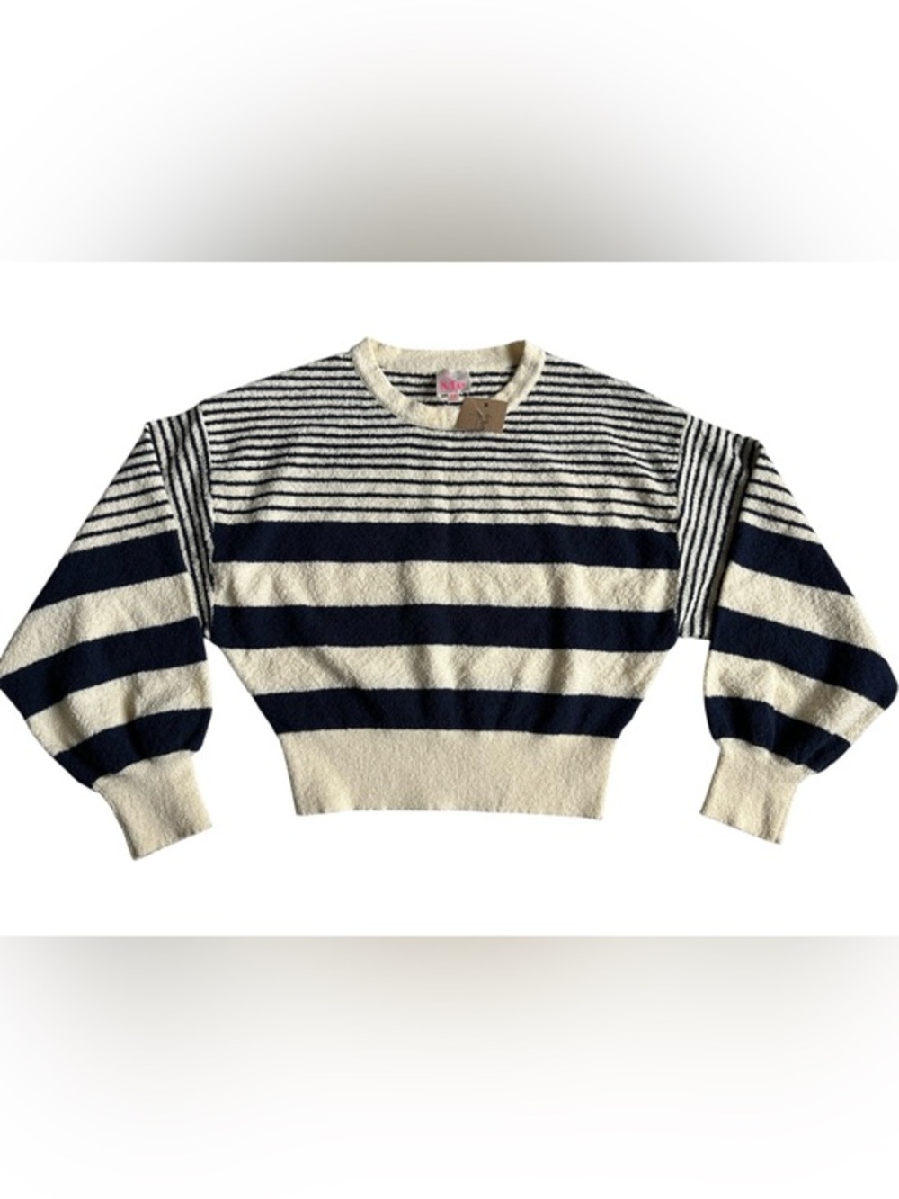 NWT So Me Navy and Cream Striped Cropped Crewneck Sweater